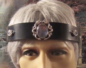 Circlet of Eyes Leather Headpiece, Silver Dragons Setting, Black Leather Band, Unisex, Ren Faire, Ritual, Ready to Ship