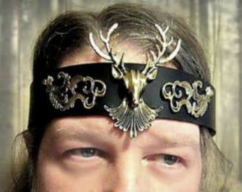 Men's Stag orHeadpiece  Black or BrownLeather, Cernunnos Celtic God of the Forest, Yule Crown, Pagan Ritual, Ren Fair, Made to Order
