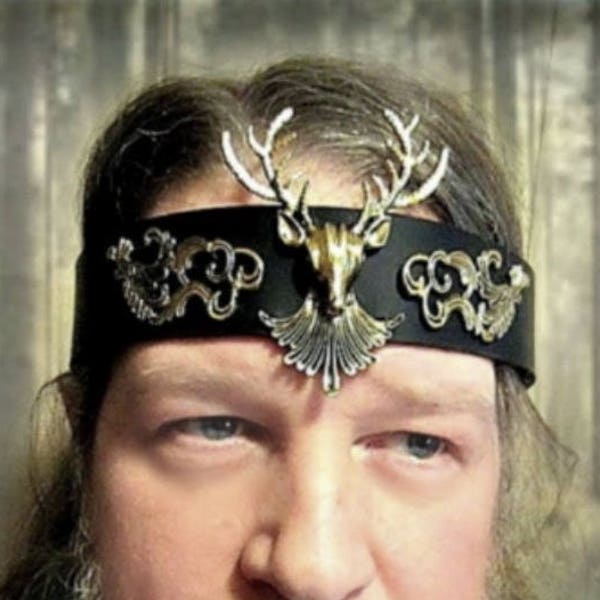 Men's Stag Headpiece  Black or Brown Leather, Cernunnos Celtic God of the Forest, Yule Crown, Pagan Ritual, Ren Faire, Made to Order