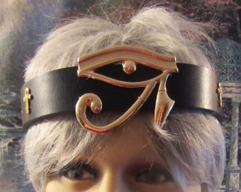 Large Eye of Horus Headpiece, Egyptian Leather Headband, Ritual Headpiece, Black Leather, Ankh Pendants, Ready to Ship