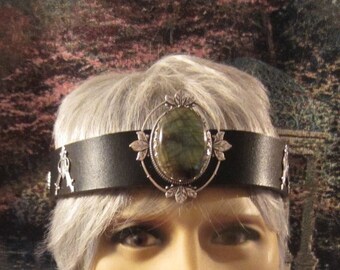 Labradorite Black Leather Hat Band, Headpiece for Men, Kings Crown, Carnelian Gemstone, Wedding, Ren Fair for Men, Ready to Ship