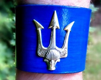 Poseidon Trident Leather Cuff, Percy Jackson, Leather Bracelet, Blue Leather Cuff, Trident Cuff, Made to Order