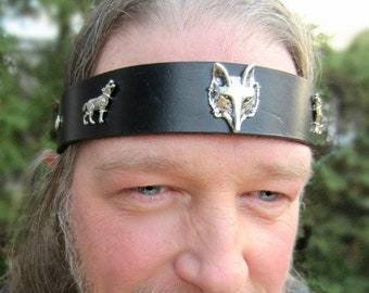 Wolf Headpiece for Men, Black Leather Headband
