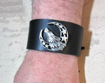 Howling Wolf Leather Cuff, Crescent Moon, Black, Brown, Grey, or Navy Blue Leather Bracelet with Buckles, Made to Order