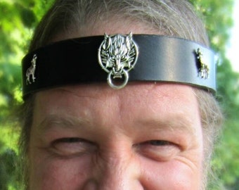 Fenrir Silver Wolf Leather Headband, Burning Man, Bronze or Silver Handfasting Headpiece for Men, Wedding, Groomsmen, Ren Fair for Men