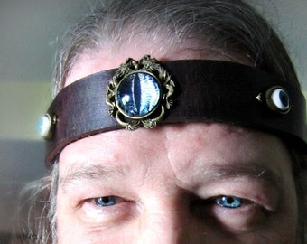 Circlet of Eyes Leather Headpiece, Bronze or Silver Dragons Setting,  Black or Brown Leather Band, Unisex, Made to Order