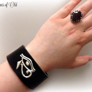 Eye of Horus Cuff, Black Leather Cuff, Wedjat, Egyptian Wrist Band, Sun God, Eye of Ra Bracelet, Brown Leather, Choose Color and Size image 1