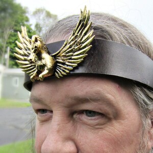 Golden Pegasus Headpiece, Black Leather Headband, Blue Leather, Ren Fair for Men, Burning Man, Male Headpiece, Reenact, Choose Color image 2