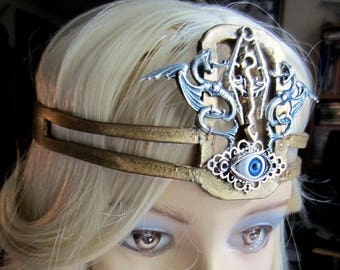 Warrior Queen Headpiece, Gold Leather, Queen Mavia, Dragons Headpiece, Third Eye, Burning Man, Cosplay, Renaissance, Made to Order