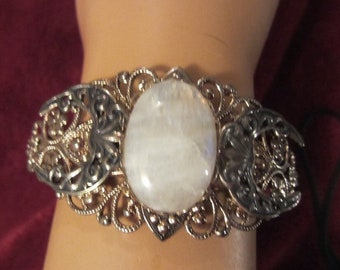 Moonstone Silver Cuff, Triple Moon Bracelet, Gold Filigree,  Silver Crescents, Adjustable Med to Large, Ready to ship