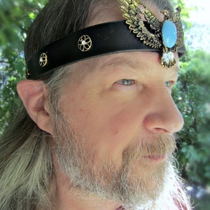 Bronze Eagle Headpiece, Black Leather, Turquoise Glass Cab, Ren Faire, Burning Man, One of a Kind, Ready to Ship image 2