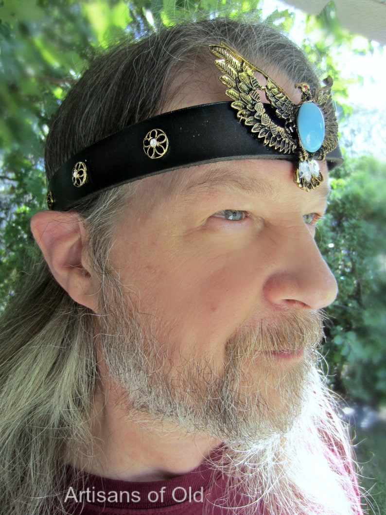 Bronze Eagle Headpiece, Black Leather, Turquoise Glass Cab, Ren Faire, Burning Man, One of a Kind, Ready to Ship image 2