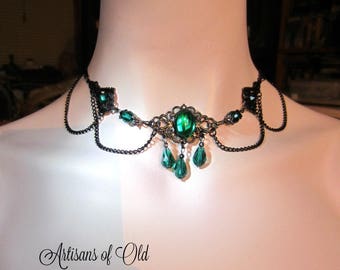 Emerald and Black Choker, Gothic Wedding, Emerald Circlet, Red and Black Jewelry, Gothic Circlet, Made to Order