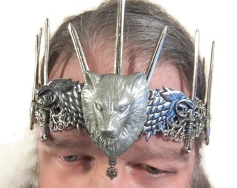 Silver Wolf King Headpiece, Black Leather, Resin Center Wolf, Silver Plated Swords and Wolves, Comfortable to Wear, Made to Order