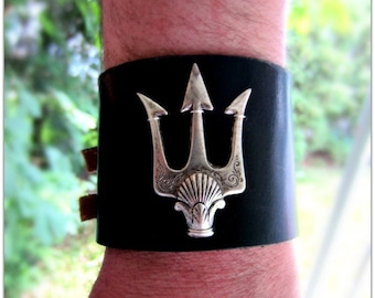 Poseidon Trident Leather Cuff, Percy Jackson, Nautical, Leather Bracelet, Black Leather Cuff, Trident Cuff, Made to Order
