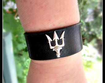 Poseidons Trident Leather Cuff, Percy Jackson, Leather Bracelet, Silver Trident Cuff, Black Leather Cuff or Blue Leather