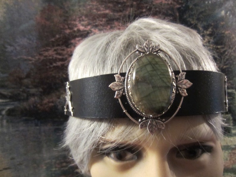 Labradorite Black Leather Hat Band, Headpiece for Men, Kings Crown, Carnelian Gemstone, Wedding, Ren Fair for Men, Ready to Ship image 5