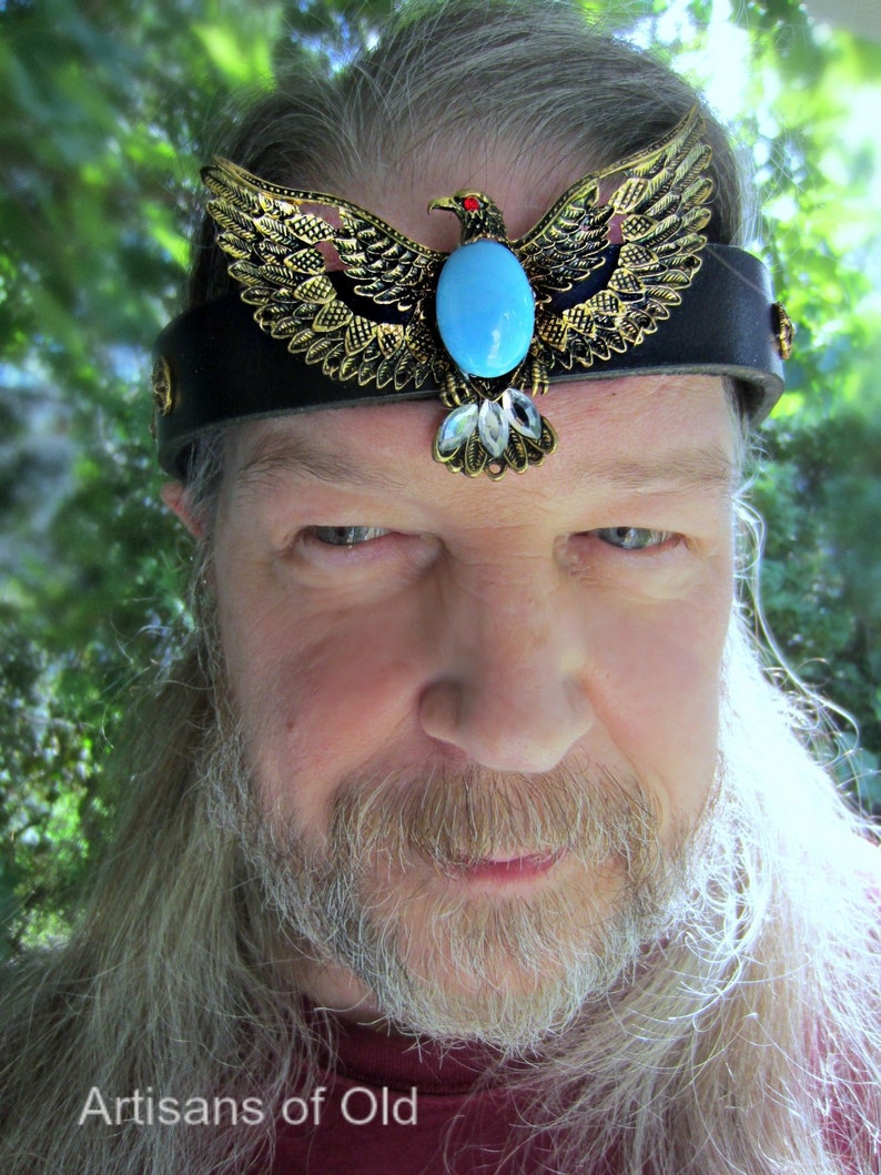 Bronze Eagle Headpiece, Black Leather, Turquoise Glass Cab, Ren Faire, Burning Man, One of a Kind, Ready to Ship image 1