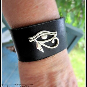 Eye of Horus Cuff, Black Leather Cuff, Wedjat, Egyptian Wrist Band, Sun God, Eye of Ra Bracelet, Brown Leather, Choose Color and Size image 2