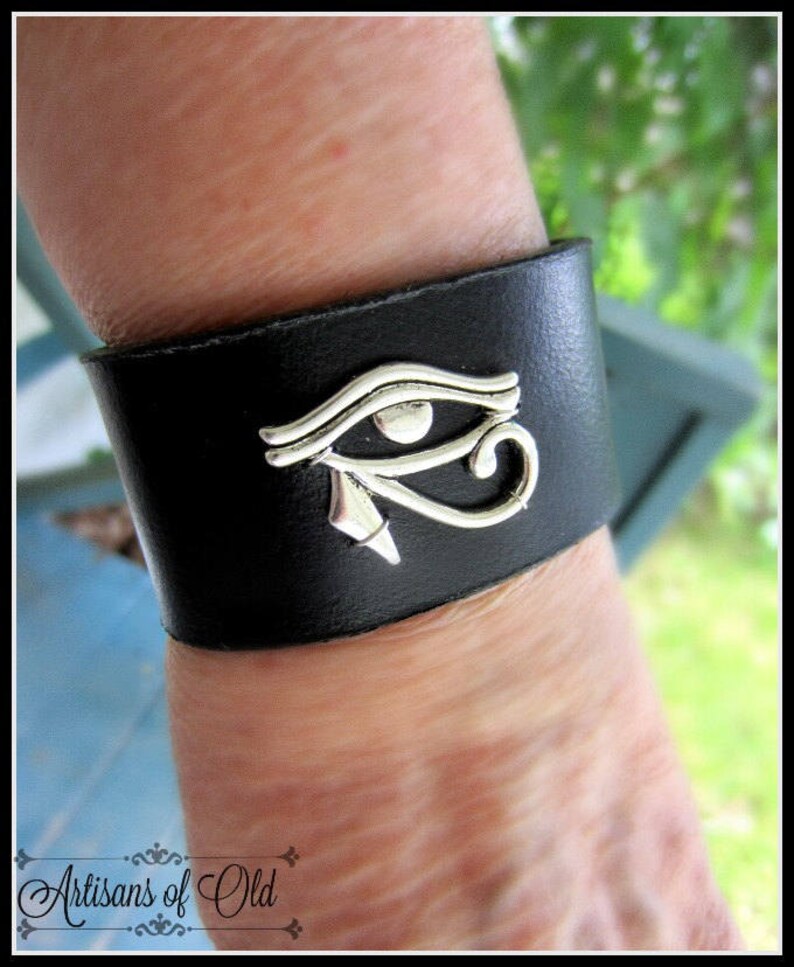 Eye of Horus Cuff, Black Leather Cuff, Wedjat, Egyptian Wrist Band, Sun God, Eye of Ra Bracelet, Brown Leather, Choose Color and Size image 2