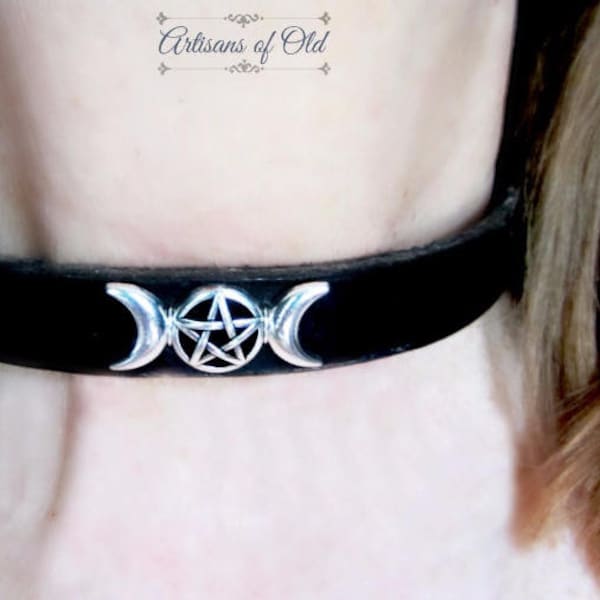 Triple Moon Choker, Black Leather, Crescent Moons, Pentacle Choker, White Leather, Choose Color