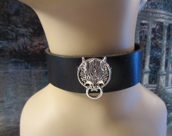 Fierce Wolf Black Leather Choker, Unisex Choker, Silver Wolf, Black Leather, Ready to Ship