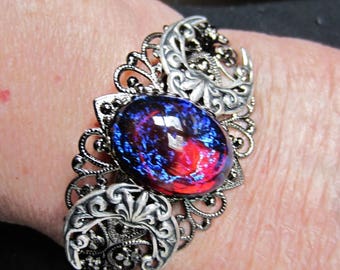 Dragons Breath Opal Silver Cuff, Triple Moon Bracelet, Silver Crescents, Glass Opal, Adjustable Med to Large, Ready to ship