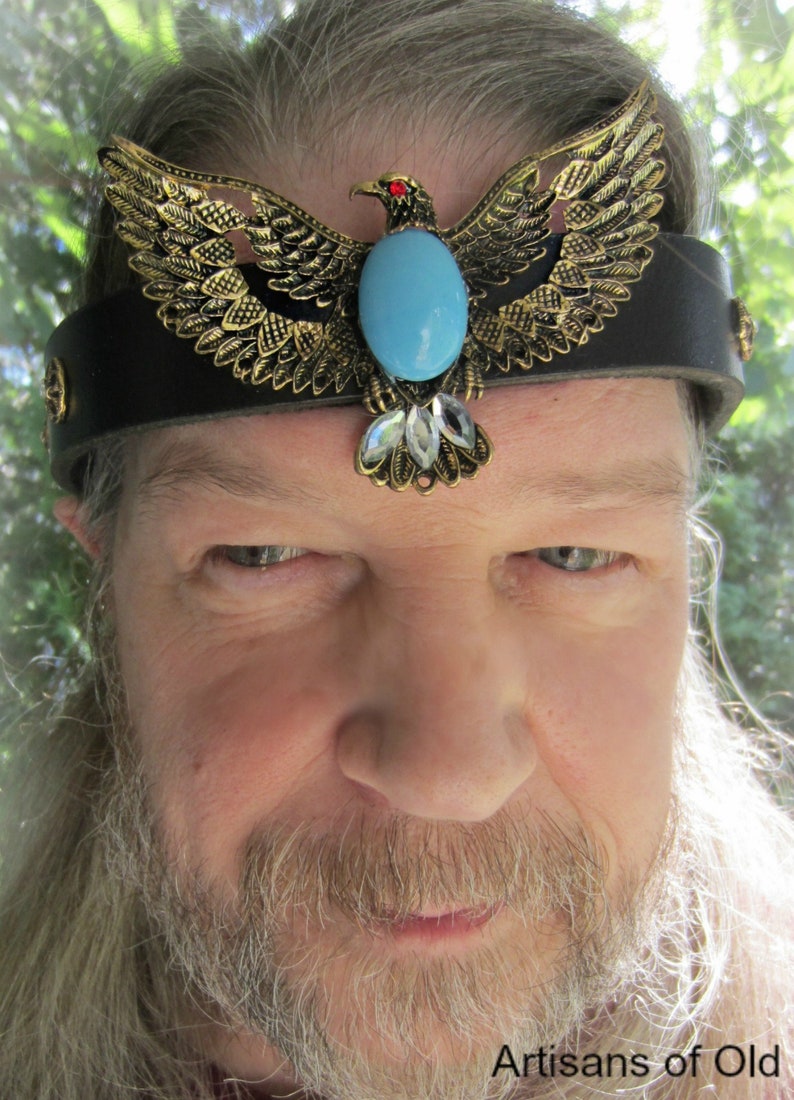 Bronze Eagle Headpiece, Black Leather, Turquoise Glass Cab, Ren Faire, Burning Man, One of a Kind, Ready to Ship image 3