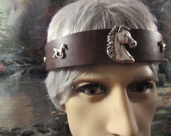 Totem Horse Brown, Black, or Grey Leather Headband, Men's Headpiece, Infinity Headband, Silver Horse Headpiece, Made to Order