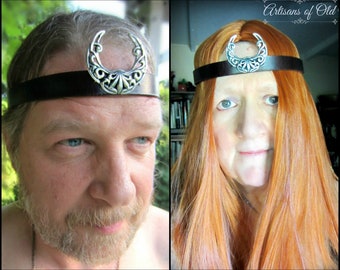 er Crescent Leather Headpiece, Black Brown Silver or White, Pagan Ritual, Handfasting, Sterling Plated, Made to Order