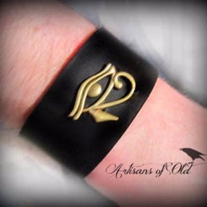 Eye of Horus Cuff, Black Leather Cuff, Wedjat, Egyptian Wrist Band, Sun God, Eye of Ra Bracelet, Brown Leather, Choose Color and Size image 3