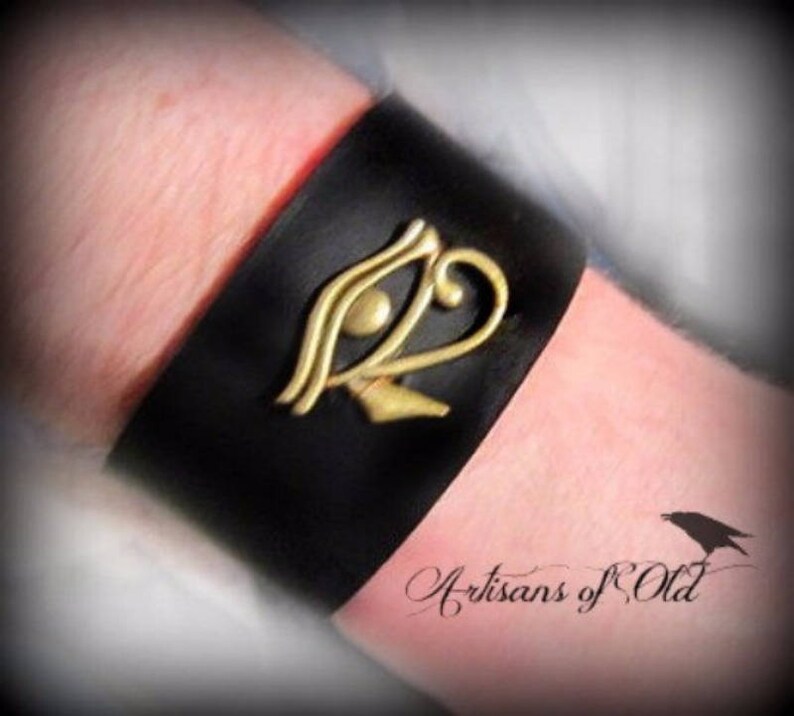 Eye of Horus Cuff, Black Leather Cuff, Wedjat, Egyptian Wrist Band, Sun God, Eye of Ra Bracelet, Brown Leather, Choose Color and Size image 3