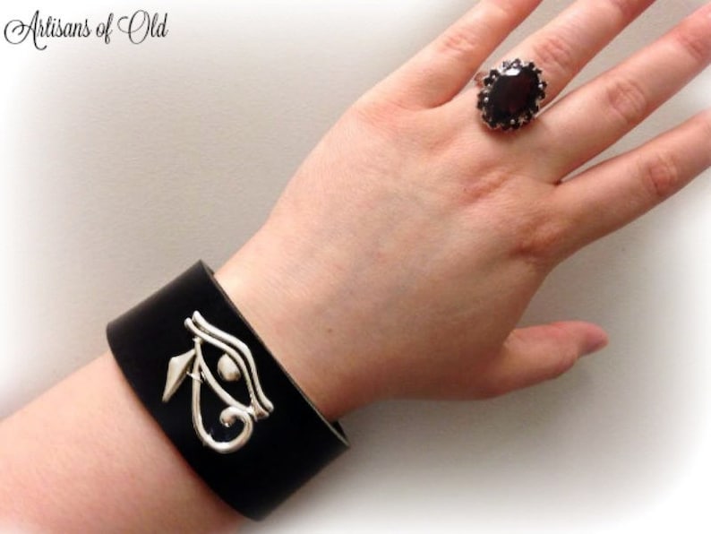 Eye of Horus Cuff, Black Leather Cuff, Wedjat, Egyptian Wrist Band, Sun God, Eye of Ra Bracelet, Brown Leather, Choose Color and Size image 1