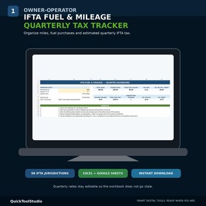 Könnte beinhalten: Eine digitale Tabellenkalkulation auf einem Laptop-Bildschirm mit dem Titel Owner-Operator IFTA Fuel & Mileage Quarterly Tax Tracker. Das Dashboard enthält Spalten für Meilen, Kraftstoffverbrauch und IFTA-Steuerberechnungen.