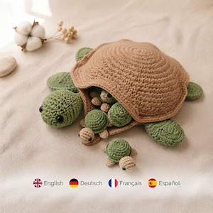 Mönster för virkat sköldpaddsminnesspel, Montessori Amigurumi-leksak, 4 språk, virkad boleksak, mammasköldpadda-korg