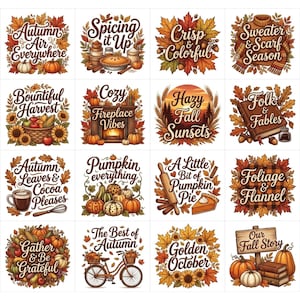 Könnte beinhalten: Eine Sammlung von sechzehn quadratischen Aufklebern mit herbstlichen Motiven, darunter Kürbisse, Herbstlaub, Sonnenblumen und gemütliche Gegenstände wie Pullover, Kuchen und Bücher. Jeder Aufkleber enthält dekorativen Text in Schreibschrift.