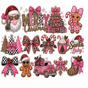 Könnte beinhalten: Eine Sammlung von weihnachtlichen Grafikillustrationen mit einem Weihnachtsmann mit Leopardenmuster-Brille, einem Lebkuchenmann, einem rosa Lastwagen, geschmückten Bäumen, Schleifen, Zuckerstangen, einer Tasse und einem Weihnachtsstrumpf.