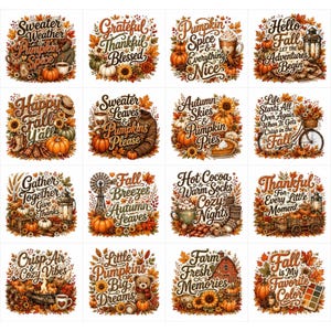 Könnte beinhalten: Eine Sammlung von sechzehn quadratischen digitalen Illustrationen mit herbstlichen Motiven, Kürbissen, Herbstlaub, Sonnenblumen und saisonaler Typografie. Jedes Design enthält Schriftzüge wie Sweater Weather, Pumpkin Spice und Fall is My Favorite Color.