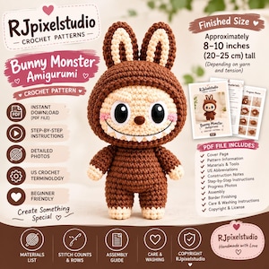 Könnte beinhalten: Ein braun-cremefarbenes Häkel-Amigurumi-Hasenmonster mit großen schwarzen Augen, einem breiten Grinsen mit weißen Zähnen und langen Ohren. Der Text lautet RJpixelstudio Bunny Monster Amigurumi Crochet Pattern, 20-25 cm groß.