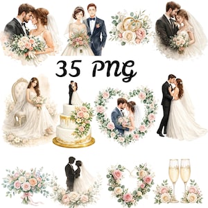 Könnte beinhalten: Eine Sammlung von 35 digitalen PNG-Illustrationen mit Hochzeitsthemen, darunter Paare in formeller Kleidung, mehrstöckige Torten mit Blumendekoration, herzförmige Kränze aus Rosen und Eukalyptus sowie Champagnergläser mit floralen Akzenten.