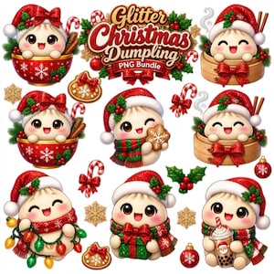 Könnte beinhalten: Ein digitales Illustrationsset mit mehreren niedlichen Knödel-Charakteren in rot-weißen Weihnachtsmannmützen, verziert mit Weihnachtselementen wie Zuckerstangen, Stechpalmen, Schneeflocken, Ornamenten und Geschenken sowie dem Text Glitter Christmas Dumpling.