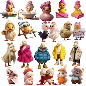 Könnte beinhalten: Eine Sammlung von zwanzig Cartoon-Tierfiguren, darunter Enten, Küken und ein Hase. Die Figuren sind in verschiedenen Outfits und Umgebungen dargestellt, wie zum Beispiel mit Handtüchern, Winterkleidung, formeller Hochzeitskleidung und lässigen Accessoires.
