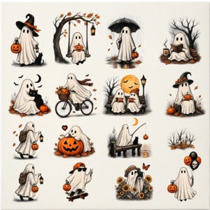Könnte beinhalten: Eine Sammlung von sechzehn Illustrationen mit weißen Geistern bei verschiedenen Halloween-Aktivitäten, darunter das Halten von Kürbissen, Fahrradfahren, Schaukeln, Skateboarden und Interaktionen mit schwarzen Katzen, alles in Orange- und Schwarztönen.