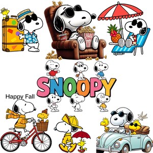 Könnte beinhalten: Eine Sammlung von Snoopy-Illustrationen, die den Charakter bei verschiedenen Aktivitäten zeigen, darunter Reisen mit Gepäck, Sitzen in einem braunen Sessel mit Popcorn, Entspannen unter einem Sonnenschirm, Fahrradfahren und das Fahren eines hellblauen Autos.