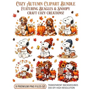 Könnte beinhalten: Ein digitales Clipart-Paket mit neun Illustrationen von Beagles und Snoopy in herbstlichen Umgebungen mit Kürbissen, Kaffeetassen und Herbstblättern. Text: COZY AUTUMN CLIPART BUNDLE FEATURING BEAGLES & SNOOPY CRAFT COZY CREATIONS! 9 PREMIUM PNG FILES.