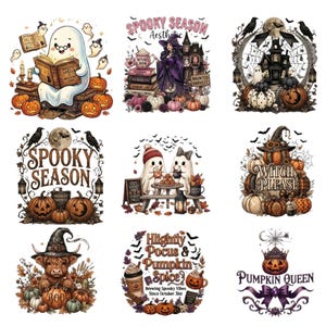 Könnte beinhalten: Eine Sammlung von neun Halloween-Grafikillustrationen mit Geistern, Hexen, Kürbissen, Spukhäusern und Raben. Die Designs enthalten Schriftzüge wie Spooky Season, Witch Please, Boo und Pumpkin Queen, die in verschiedenen herbstlichen Farben dargestellt sind.