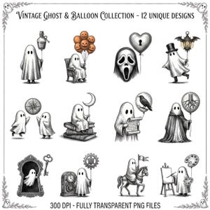 Vintage Halloween Ghost Clipart Bundle, Spooky Ghost PNG, Pumpkin Balloon Clipart, Gothic Halloween Digital Download,  52 PNGs