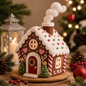 Può includere: Una casetta di pan di zenzero all'uncinetto marrone con tetto bianco, porta rossa e alberi verdi. La casa presenta dettagli di glassa bianca, punti colorati e un camino con fumo bianco, posizionata su una base circolare in legno.