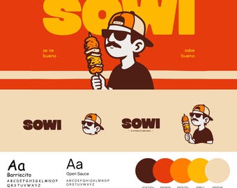 Op de afbeelding: Een merkidentiteitsblad voor SOWI met een stripfiguur met een snor, zonnebril en honkbalpet die een voedselspies vasthoudt. Het ontwerp bevat de tekst SOWI, se ve bueno & sabe bueno, typografievoorbeelden en een kleurenpalet van vijf kleuren.
