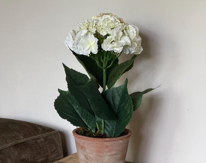 Faux hydrangea in terracotta pot